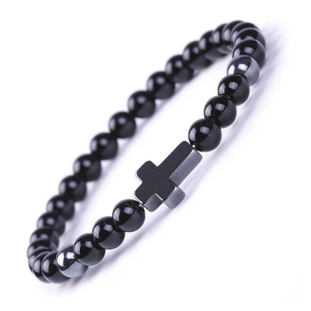 Bracelet Jesus Cross Christian Black Beaded Wristlet Howlite Natural Africa Stones - Jewelry Store by Erik Rayo