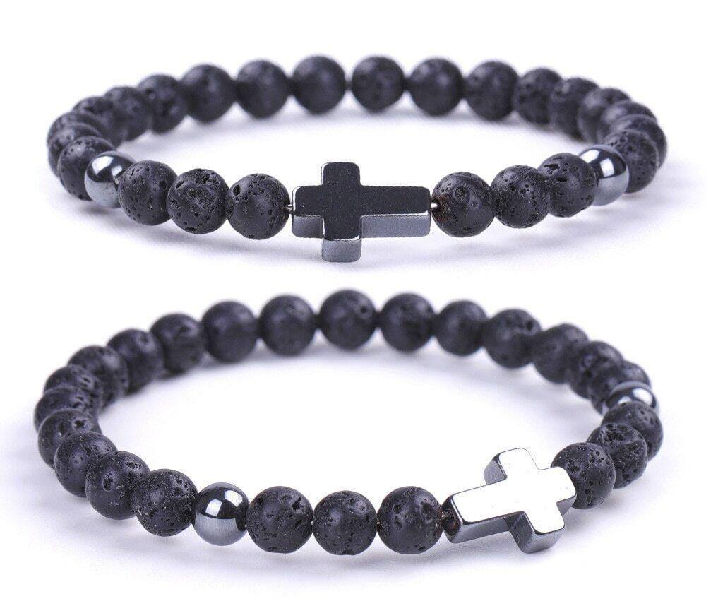 Bracelet Jesus Cross Christian Black Lava Beaded Wristlet Howlite Natural Africa Stones - Jewelry Store by Erik Rayo