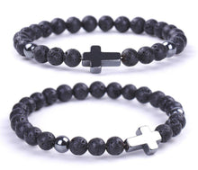 Load image into Gallery viewer, Bracelet Jesus Cross Christian Black Lava Beaded Wristlet Howlite Natural Africa Stones - Jewelry Store by Erik Rayo
