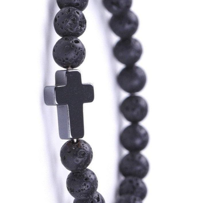 Bracelet Jesus Cross Christian Black Lava Beaded Wristlet Howlite Natural Africa Stones - Jewelry Store by Erik Rayo