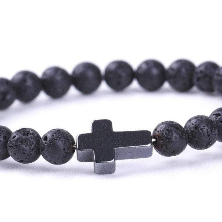 Bracelet Jesus Cross Christian Black Lava Beaded Wristlet Howlite Natural Africa Stones - Jewelry Store by Erik Rayo