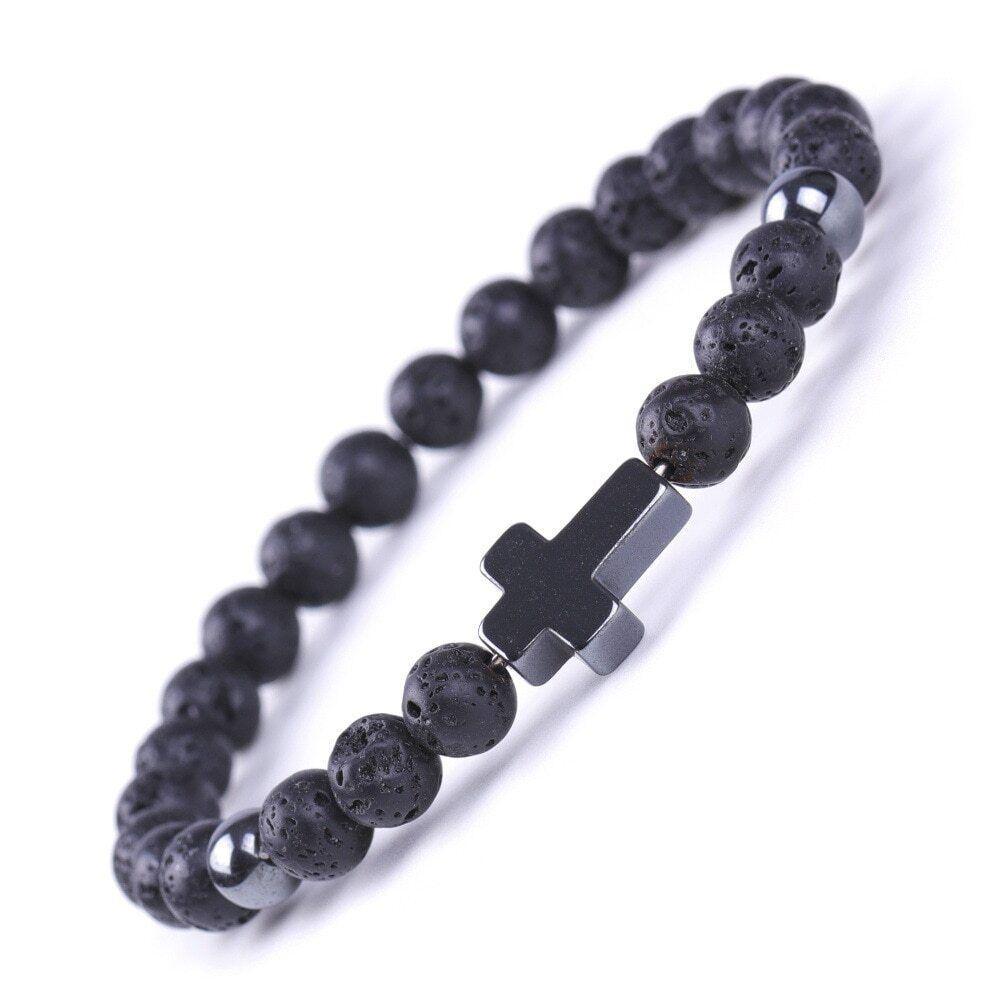 Bracelet Jesus Cross Christian Black Lava Beaded Wristlet Howlite Natural Africa Stones - Jewelry Store by Erik Rayo