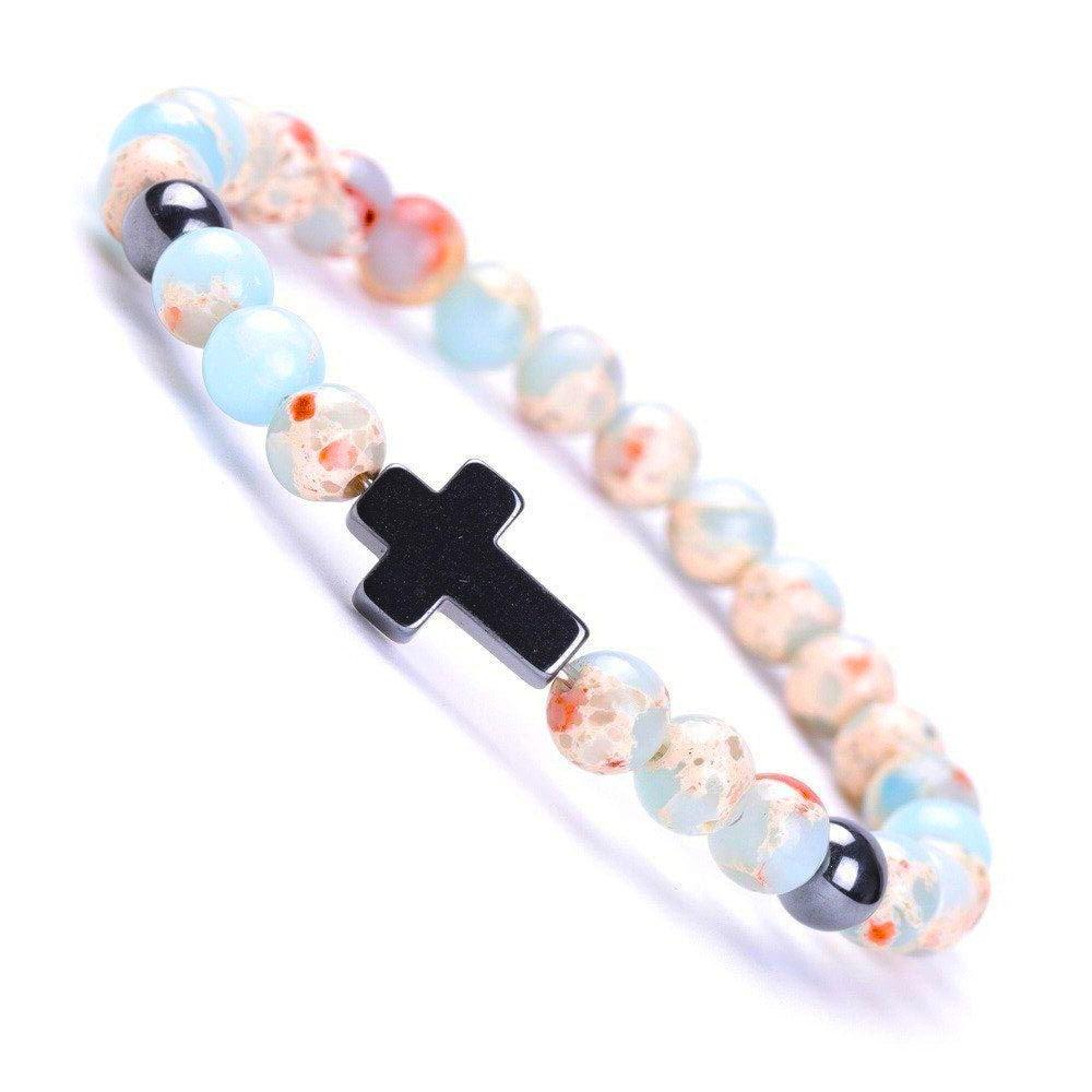 Bracelet Jesus Cross Christian Figurre Beaded Wristlet Howlite Natural Africa Stones - Jewelry Store by Erik Rayo