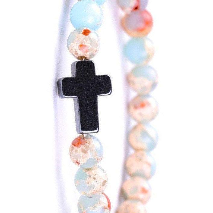 Bracelet Jesus Cross Christian Figurre Beaded Wristlet Howlite Natural Africa Stones - Jewelry Store by Erik Rayo