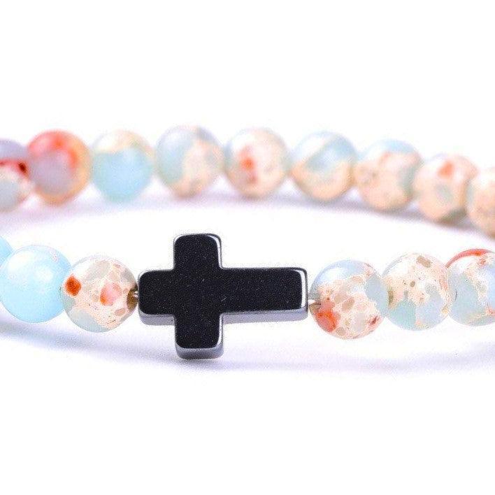 Bracelet Jesus Cross Christian Figurre Beaded Wristlet Howlite Natural Africa Stones - Jewelry Store by Erik Rayo