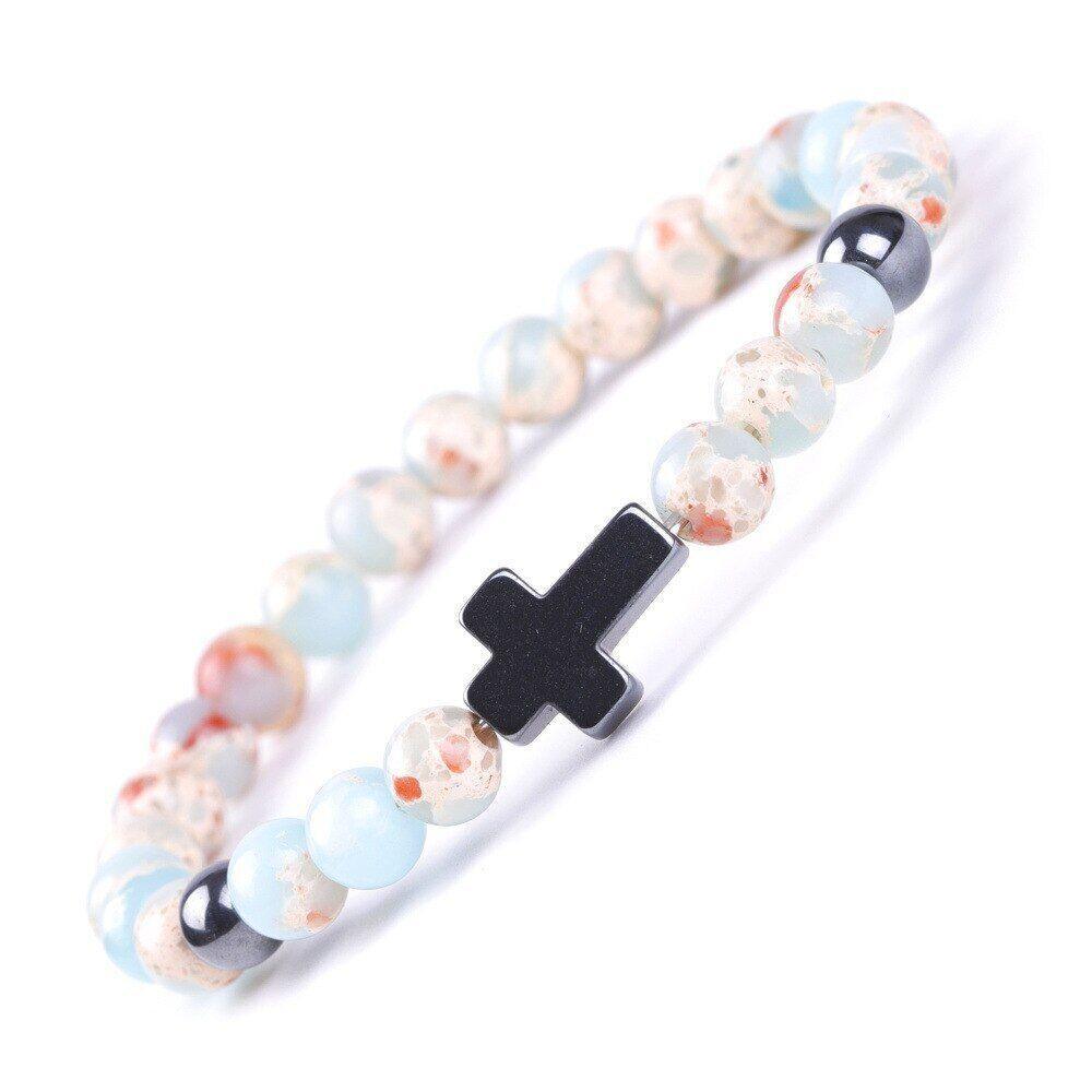 Bracelet Jesus Cross Christian Figurre Beaded Wristlet Howlite Natural Africa Stones - Jewelry Store by Erik Rayo