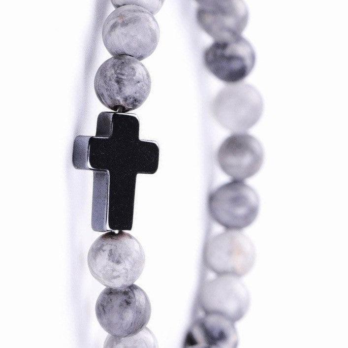Bracelet Jesus Cross Christian Gray Beaded Wristlet Howlite Natural Africa Stones - Jewelry Store by Erik Rayo