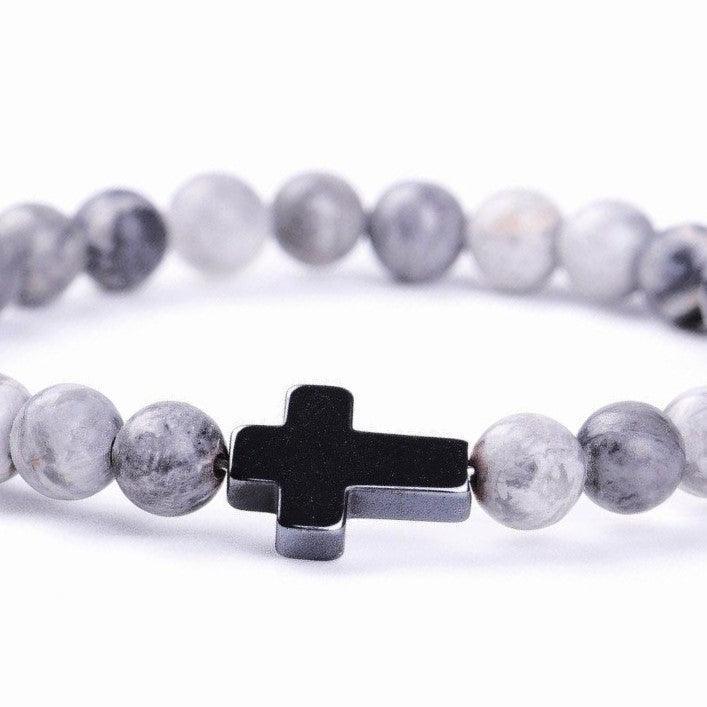Bracelet Jesus Cross Christian Gray Beaded Wristlet Howlite Natural Africa Stones - Jewelry Store by Erik Rayo