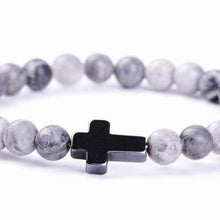 Load image into Gallery viewer, Bracelet Jesus Cross Christian Gray Beaded Wristlet Howlite Natural Africa Stones - Jewelry Store by Erik Rayo
