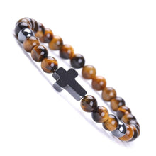 Load image into Gallery viewer, Bracelet Jesus Cross Christian Tiger Eye Beaded Wristlet Howlite Natural Africa Stones - Jewelry Store by Erik Rayo
