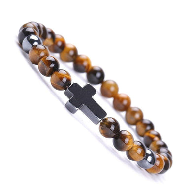 Bracelet Jesus Cross Christian Tiger Eye Beaded Wristlet Howlite Natural Africa Stones - Jewelry Store by Erik Rayo