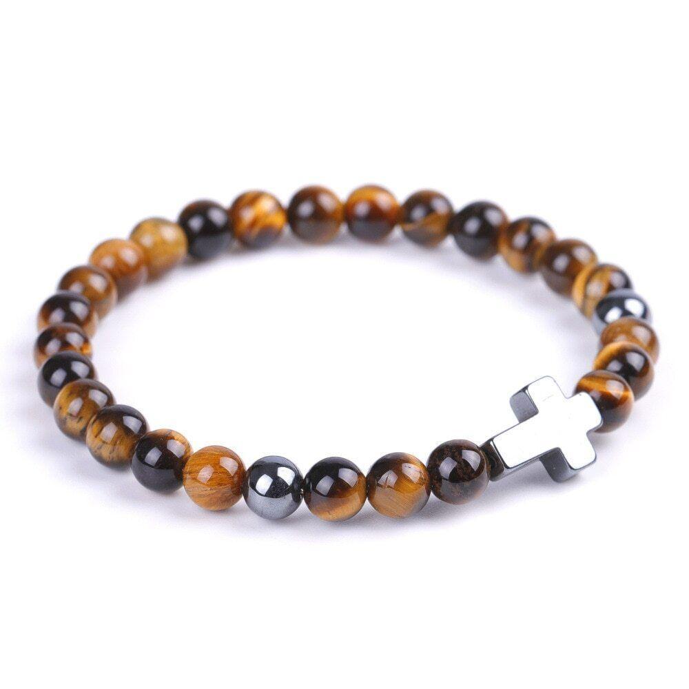Bracelet Jesus Cross Christian Tiger Eye Beaded Wristlet Howlite Natural Africa Stones - Jewelry Store by Erik Rayo
