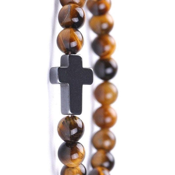 Bracelet Jesus Cross Christian Tiger Eye Beaded Wristlet Howlite Natural Africa Stones - Jewelry Store by Erik Rayo