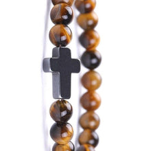 Load image into Gallery viewer, Bracelet Jesus Cross Christian Tiger Eye Beaded Wristlet Howlite Natural Africa Stones - Jewelry Store by Erik Rayo
