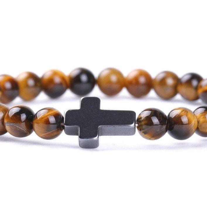 Bracelet Jesus Cross Christian Tiger Eye Beaded Wristlet Howlite Natural Africa Stones - Jewelry Store by Erik Rayo
