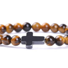 Load image into Gallery viewer, Bracelet Jesus Cross Christian Tiger Eye Beaded Wristlet Howlite Natural Africa Stones - Jewelry Store by Erik Rayo
