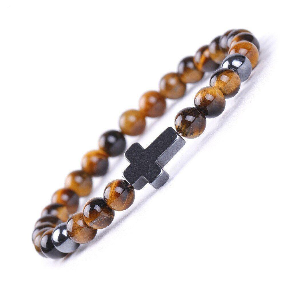 Bracelet Jesus Cross Christian Tiger Eye Beaded Wristlet Howlite Natural Africa Stones - Jewelry Store by Erik Rayo