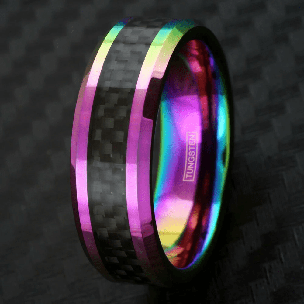 Unique Iridescent Tungsten Carbide Wedding Band Ring for Men & Women – Black Carbon Fiber Inlay & Rainbow Beveled Edges - Jewelry Store by Erik Rayo