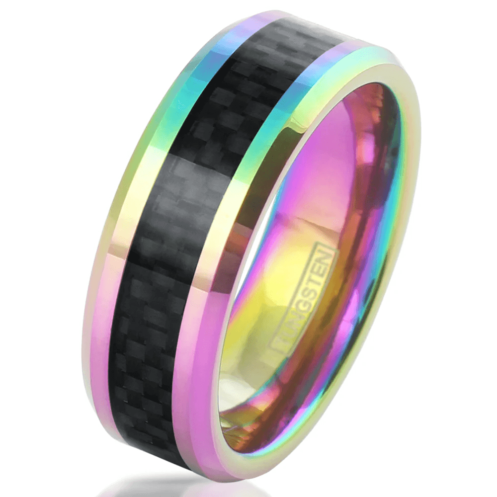 Unique Iridescent Tungsten Carbide Wedding Band Ring for Men & Women – Black Carbon Fiber Inlay & Rainbow Beveled Edges - Jewelry Store by Erik Rayo