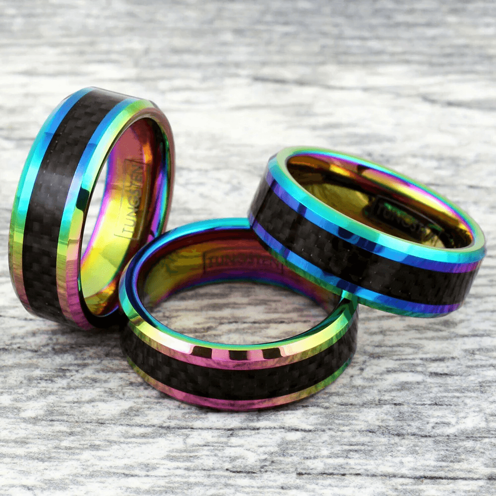Unique Iridescent Tungsten Carbide Wedding Band Ring for Men & Women – Black Carbon Fiber Inlay & Rainbow Beveled Edges - Jewelry Store by Erik Rayo