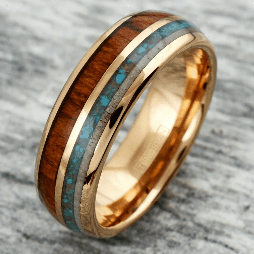 Rose Gold and Turquoise Wedding Band Ring - Tungsten Engagement Band for Men & Women 6mm with Deer Antler - Jewelry Store by Erik Rayo