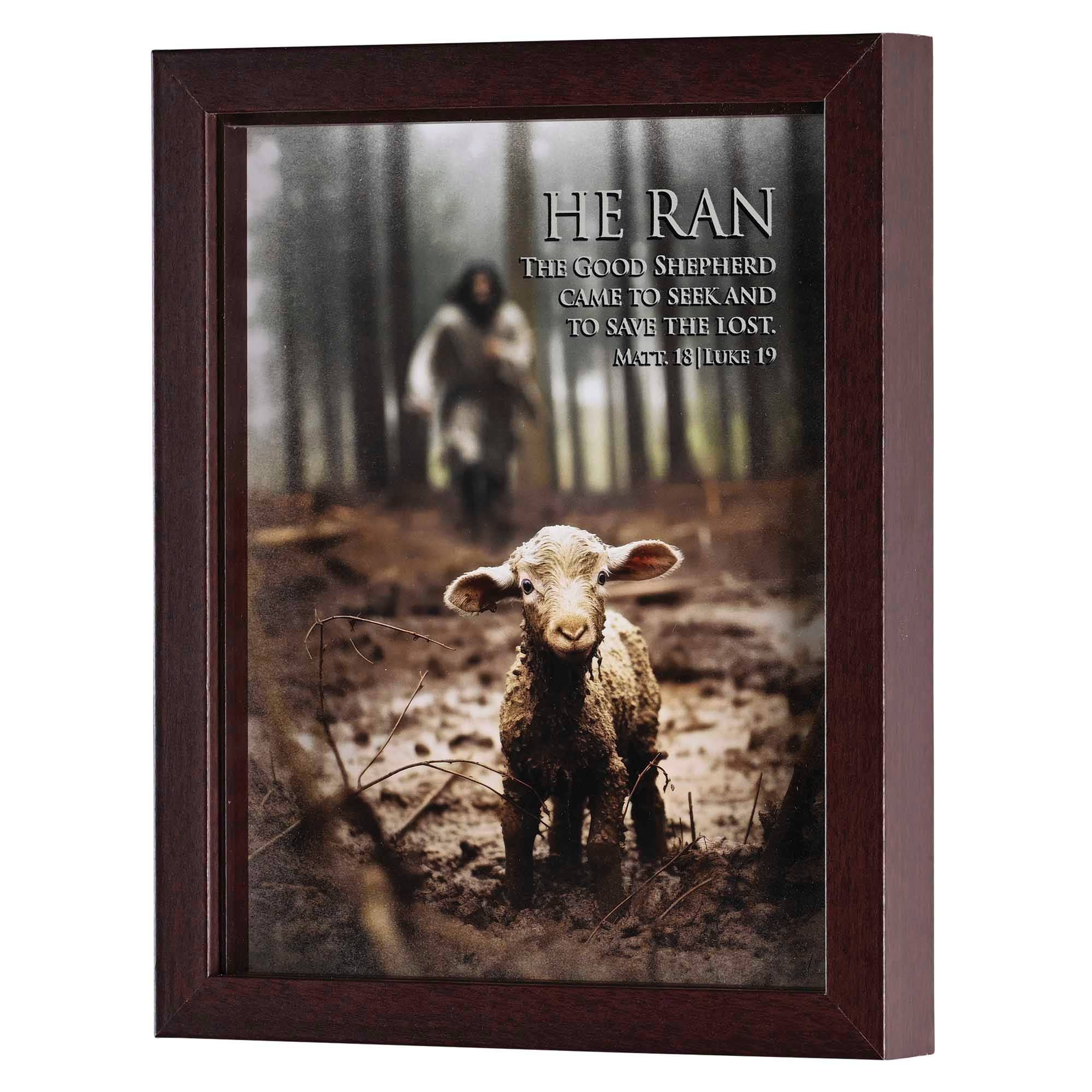 Framed Art Lamb 8x10 He Ran Matt18:12-14