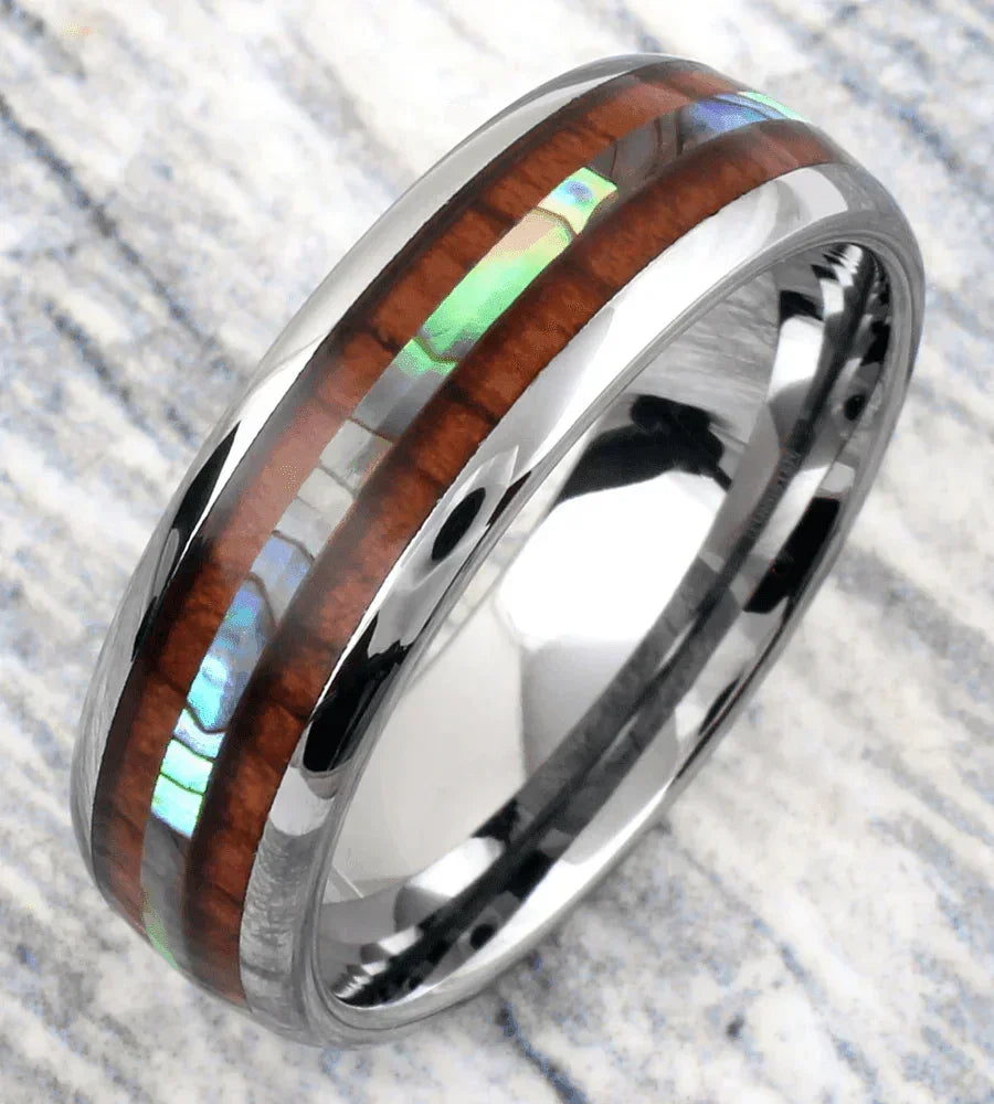 Mens Wedding Band Rings for Men and Women Hawaiian Koa Wood and Abalone - Jewelry Store by Erik Rayo