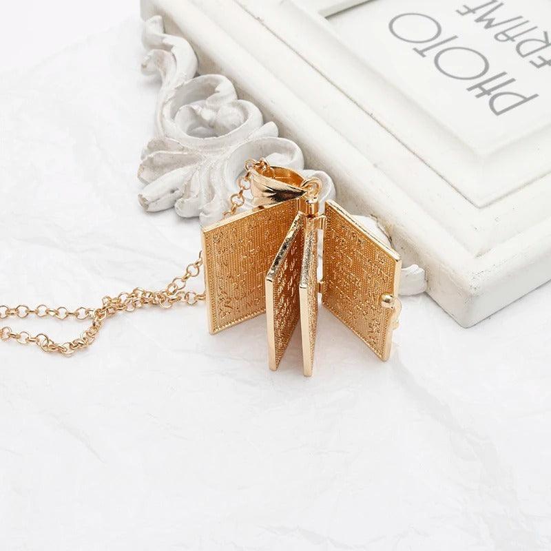 Gold Holy Bible Necklace Lords Prayer Four Openable Pages - Jewelry Store by Erik Rayo