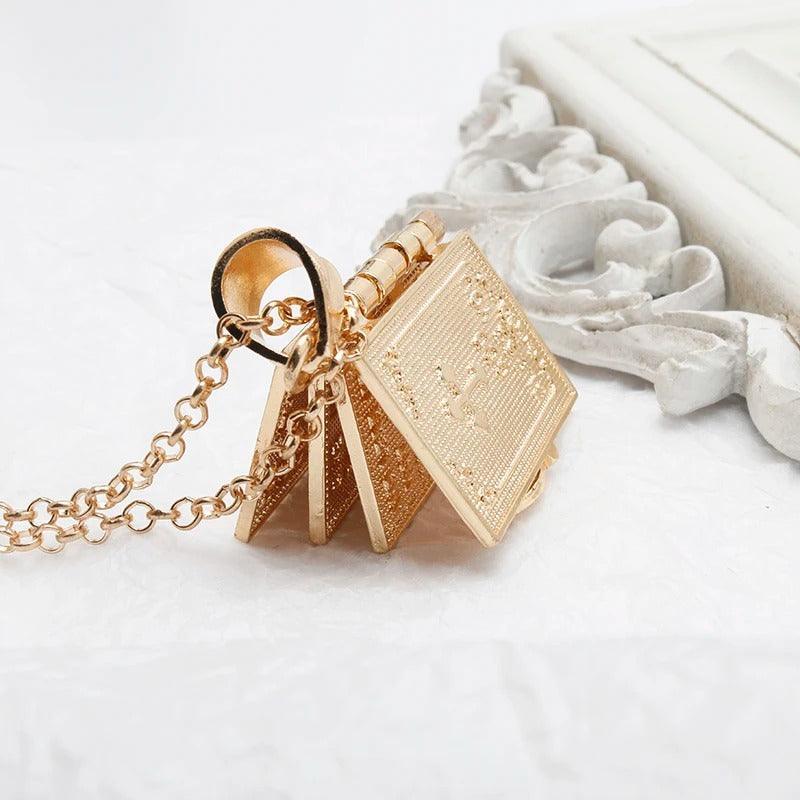 Gold Holy Bible Necklace Lords Prayer Four Openable Pages - Jewelry Store by Erik Rayo