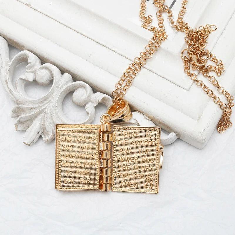 Gold Holy Bible Necklace Lords Prayer Four Openable Pages - Jewelry Store by Erik Rayo