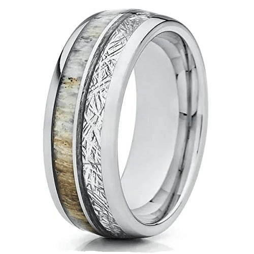 Silver Tungsten Carbide Wedding Band Ring for Men & Women – Deer Antler & White Meteorite Inlay Design - Jewelry Store by Erik Rayo