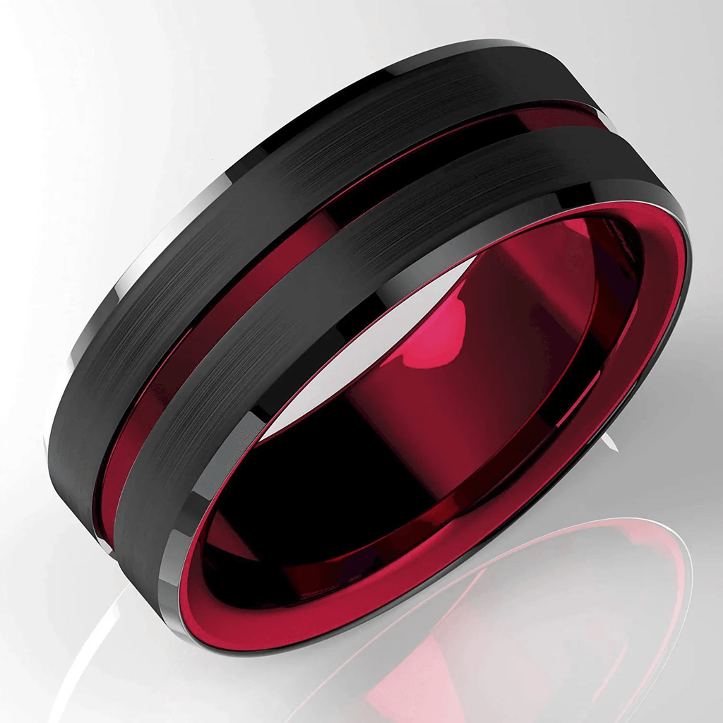 Men's Tungsten Carbide Wedding Band - Black and Red Line Ring for Men - Wedding Rings for Women and Men - Jewelry Store by Erik Rayo