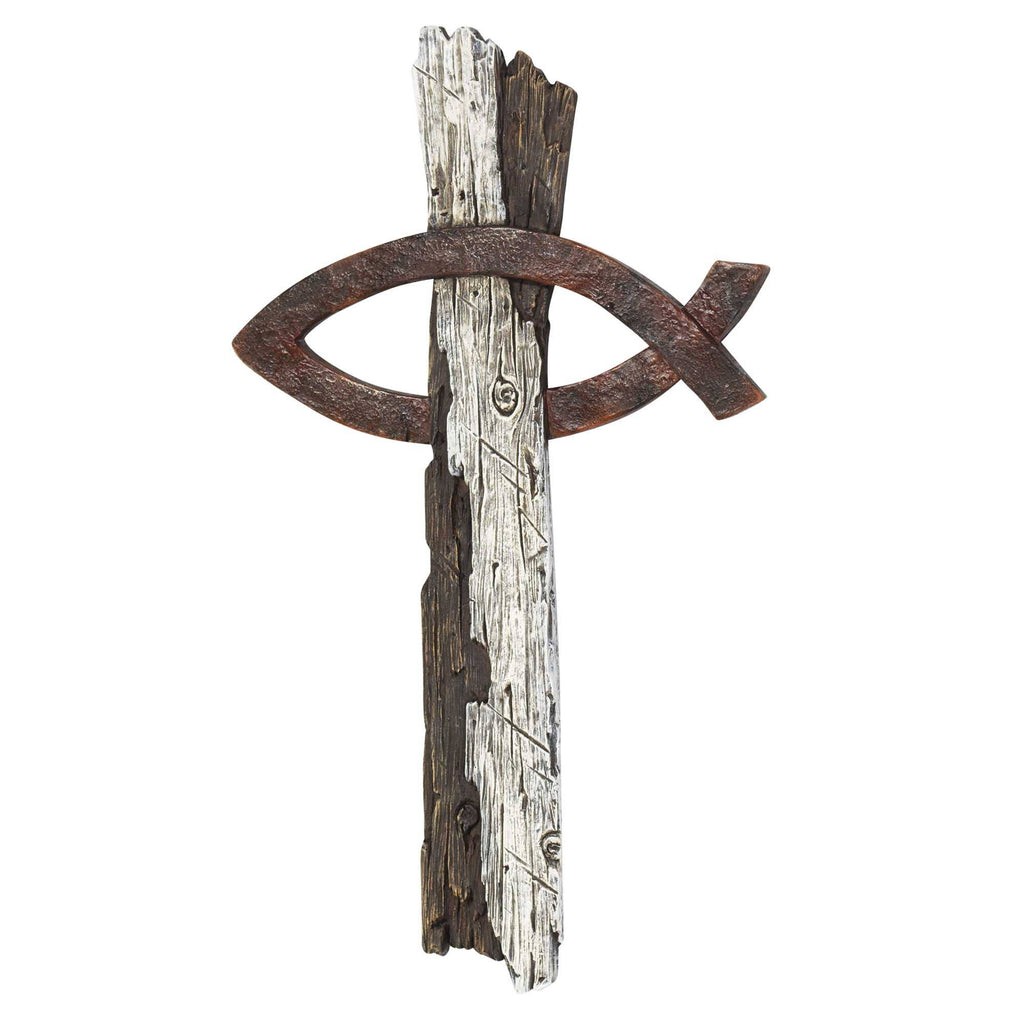 Wall Cross Fish Wood Look Resin 14h