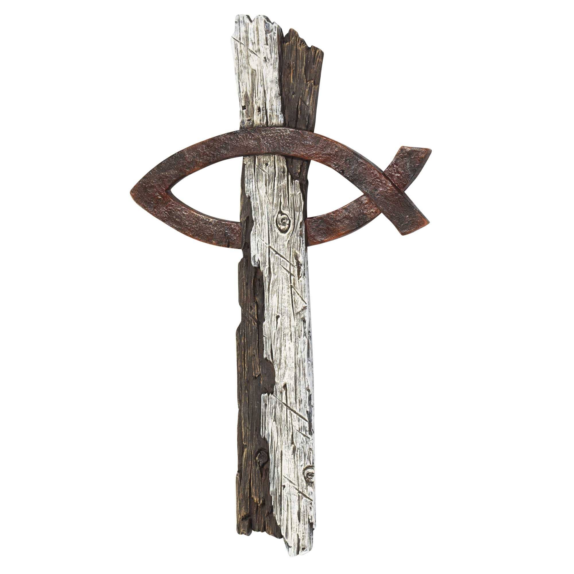 Wall Cross Fish Wood Look Resin 14h