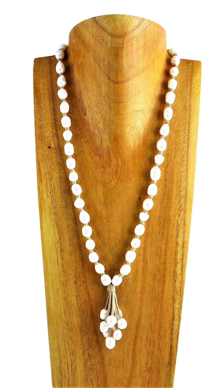 Genuine Freshwater Pearl Necklace 28" Long 10mm Bead Beige Suede Tassel - Jewelry Store by Erik Rayo