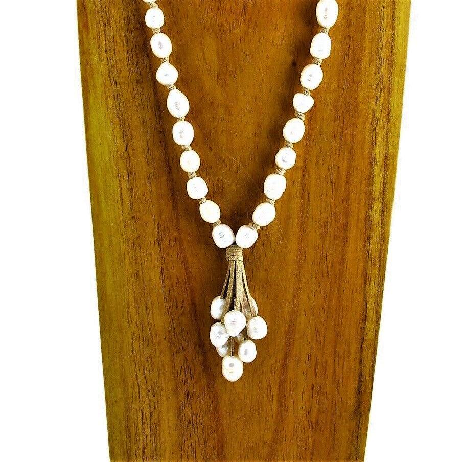 Genuine Freshwater Pearl Necklace 28" Long 10mm Bead Beige Suede Tassel - Jewelry Store by Erik Rayo