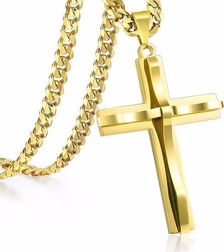 Gold Cross Necklace with Curb Chain Pendant 18-30 Inches Stainless Steel - Jewelry Store by Erik Rayo
