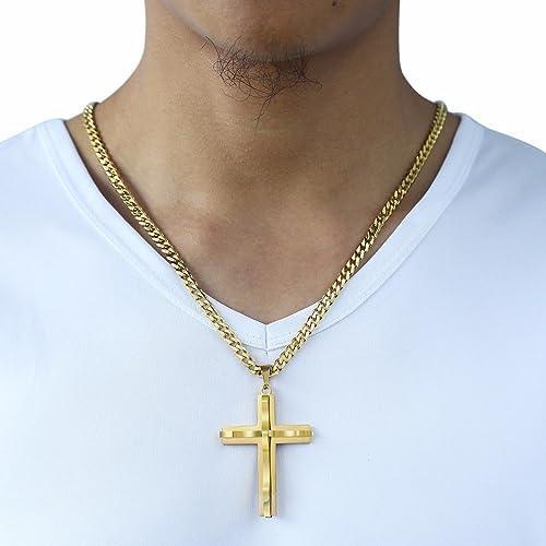 Gold Cross Necklace with Curb Chain Pendant 18-30 Inches Stainless Steel - Jewelry Store by Erik Rayo