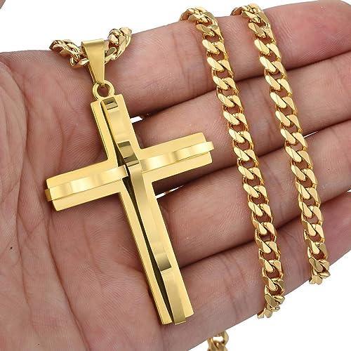 Gold Cross Necklace with Curb Chain Pendant 18-30 Inches Stainless Steel - Jewelry Store by Erik Rayo