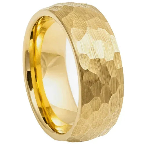 Tungsten Rings for Men Wedding Bands for Him Womens Wedding Bands for Her 6mm Yellow Gold Hammered Brush Dome - Jewelry Store by Erik Rayo