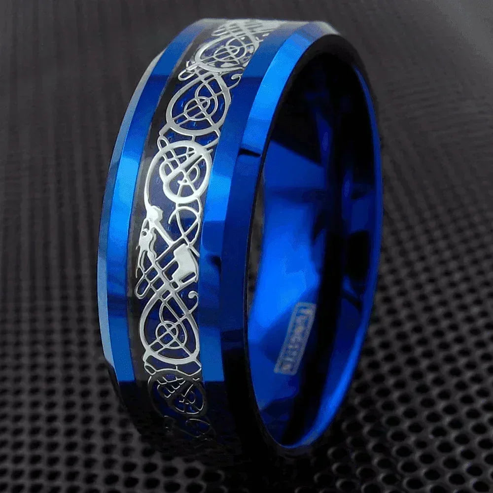 Men’s Wedding Band Rings - Carbon Fiber Black Celtic Dragon Design - Unisex Wedding Rings - Jewelry Store by Erik Rayo