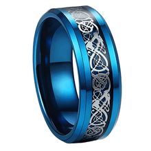 Load image into Gallery viewer, Tungsten Rings for Men Wedding Bands for Him Womens Wedding Bands for Her 8mm Blue IP Plated with Celtic Knot Dragon
