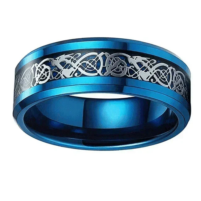 Men’s Wedding Band Rings - Carbon Fiber Black Celtic Dragon Design - Unisex Wedding Rings - Jewelry Store by Erik Rayo
