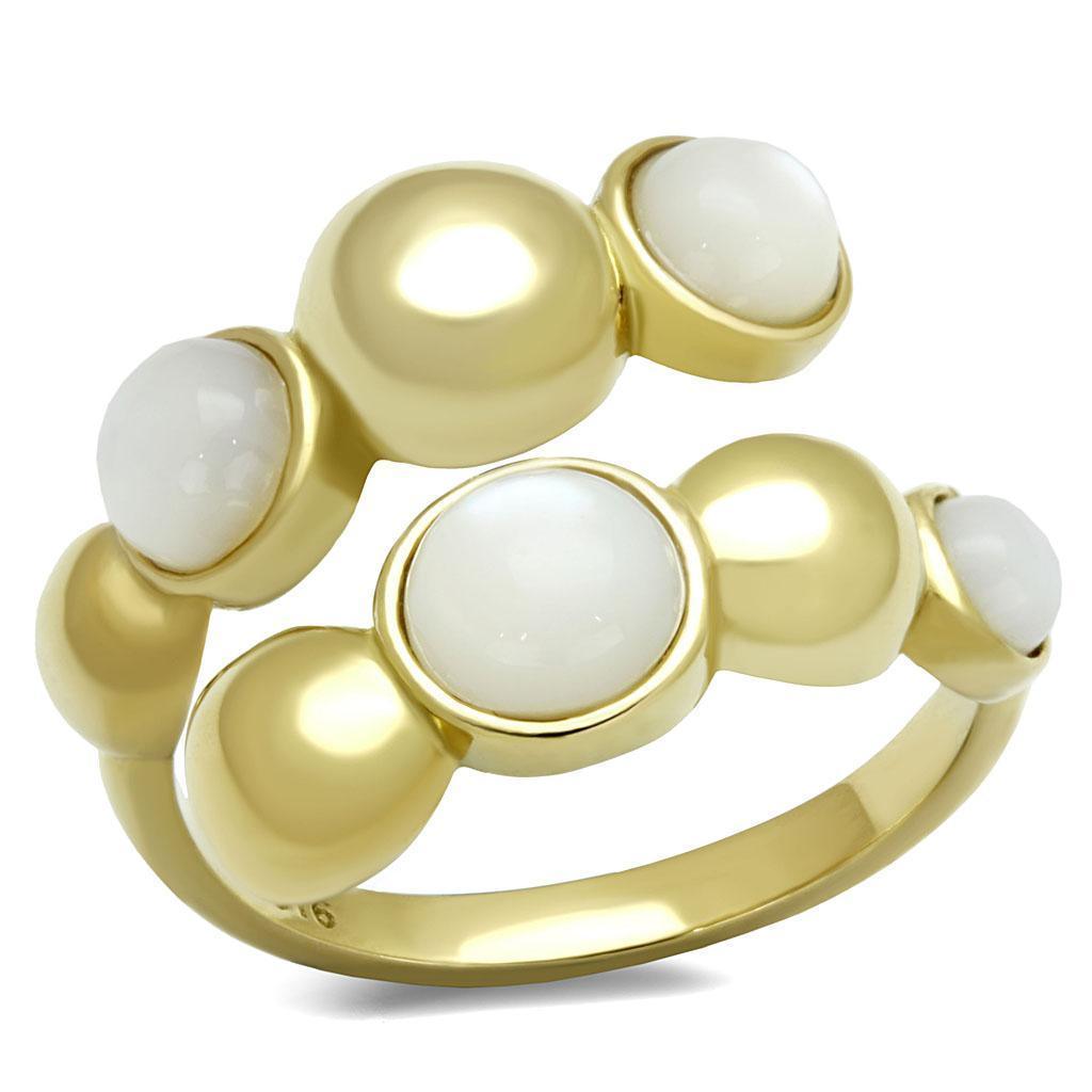 Gold Womens Ring Anillo Para Mujer 316L Stainless Steel Ring with Semi-Precious Coral in Aurora Borealis (Rainbow Effect) - Jewelry Store by Erik Rayo
