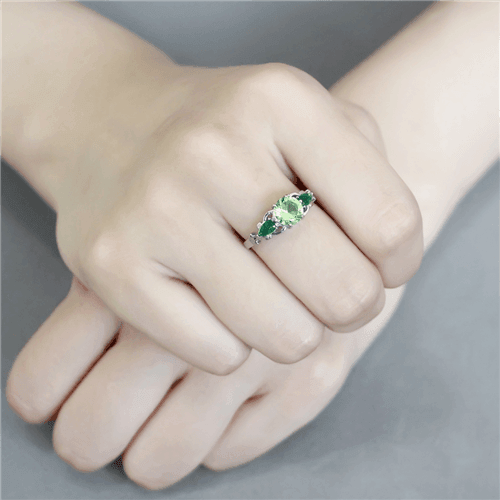 Green Peridot CZ Round & Pair Cut Stainless Steel 3 Stone Cocktail Ring - Jewelry Store by Erik Rayo