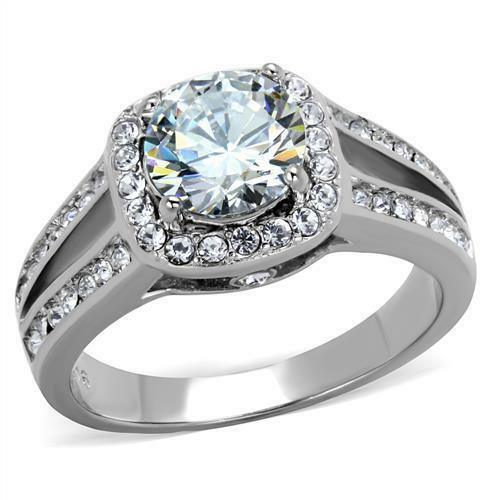 Halo Round Cut CZ Stainless Steel Engagement Halo Ring Women's 2.95 Ct - Jewelry Store by Erik Rayo