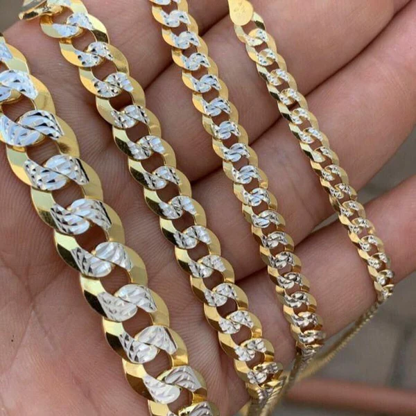 Real Solid 925 Sterling Silver Chain  Diamond Cut Cuban Curb Gold Plated Two Tone