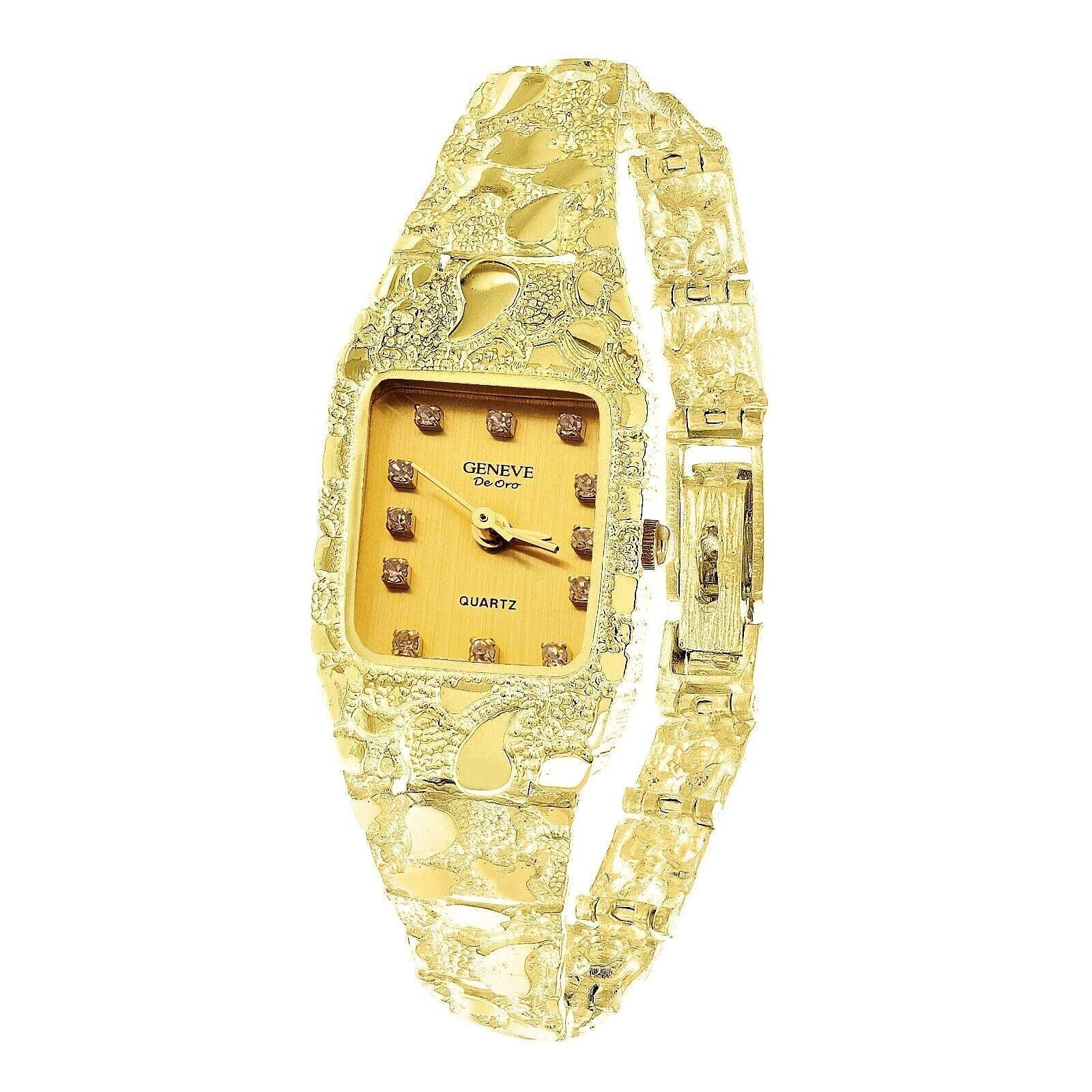 Ladies 10k Yellow Gold Nugget Band Wrist Watch Geneve with Diamonds 7-7.5 25.8g - Jewelry Store by Erik Rayo