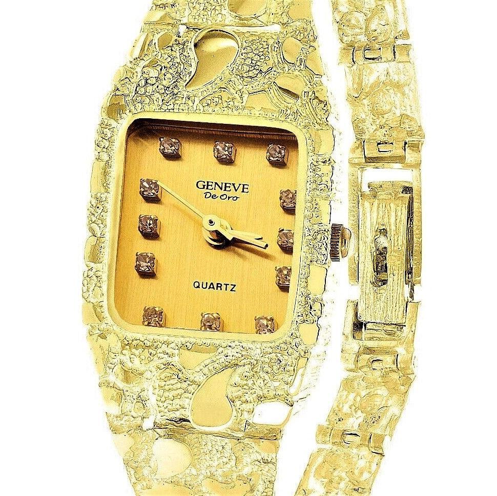 Ladies 10k Yellow Gold Nugget Band Wrist Watch Geneve with Diamonds 7-7.5 25.8g - Jewelry Store by Erik Rayo
