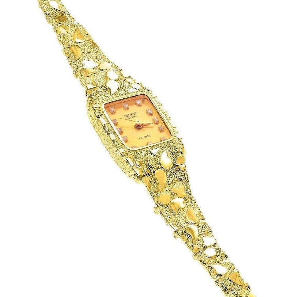 Ladies 10k Yellow Gold Nugget Band Wrist Watch Geneve with Diamonds 7-7.5 25.8g - Jewelry Store by Erik Rayo